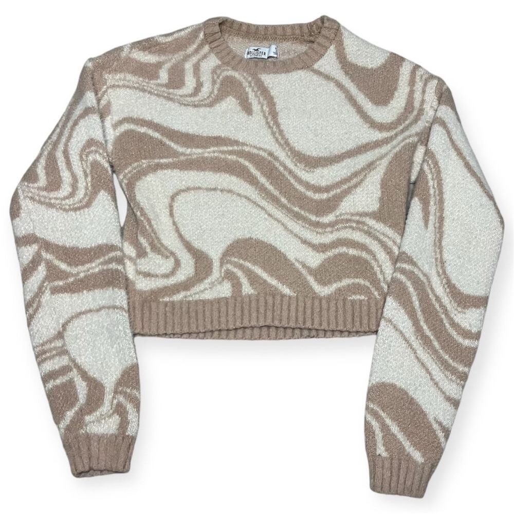Hollister Tan Cream Swirl Knot Fuzzy Cropped Sweater Fall Winter Women’s Size SM